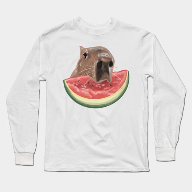 Capybara Snacking on a Slice of Watermelon Long Sleeve T-Shirt by danyellysdoodles